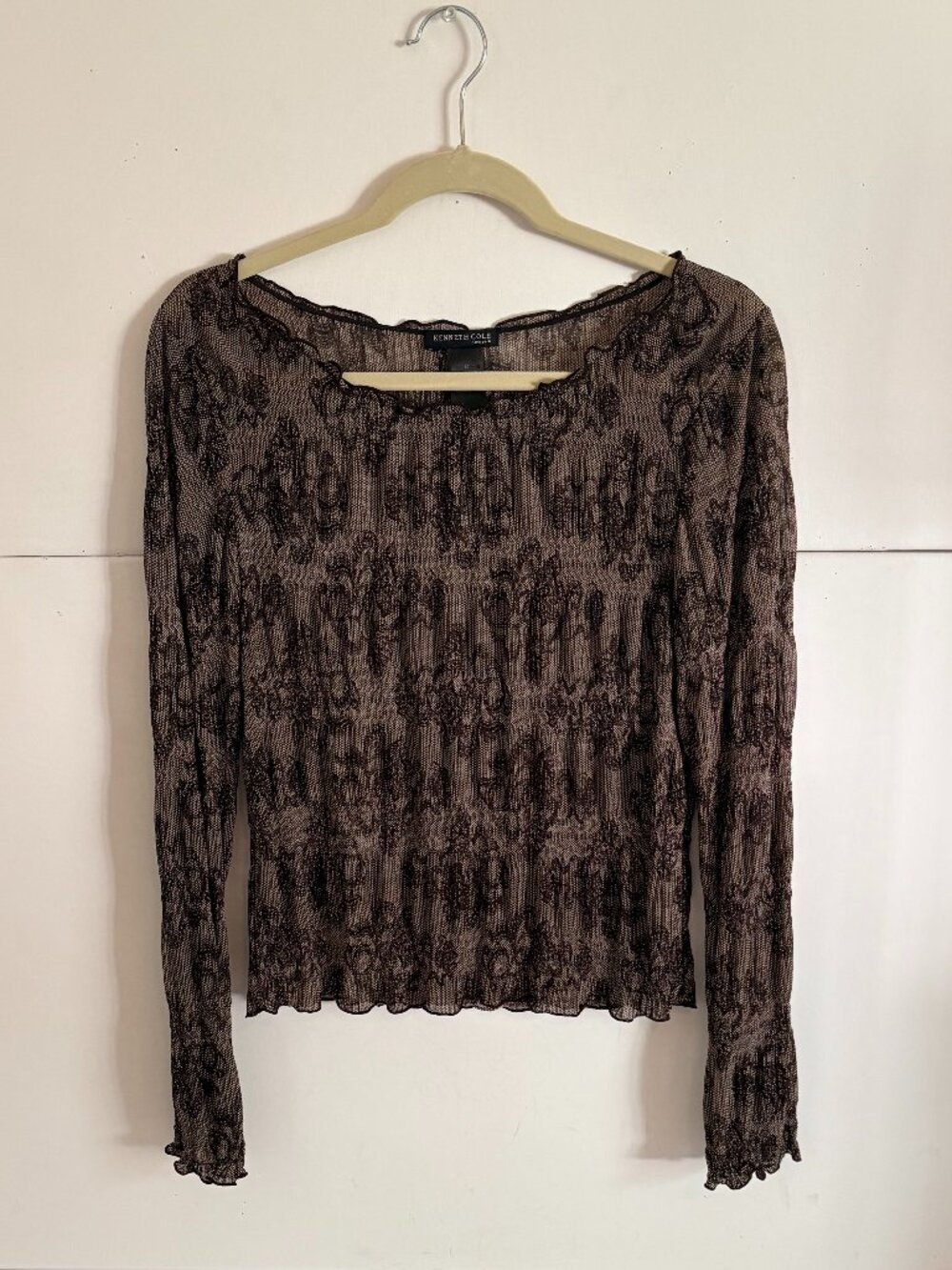Kenneth Cole Women Long Sleeve Sheer Brown/Black Ruffled Trim Blouse/Top Size M